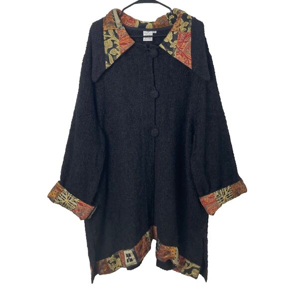 Parsley & Sage Women’s Coat 2X Boho Tapestry Trim Chunky Knit Jacket Oversized - Picture 1 of 11